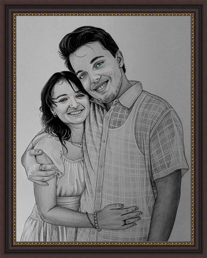 Charcoal drawing of a couple embracing, with subtle color accents
